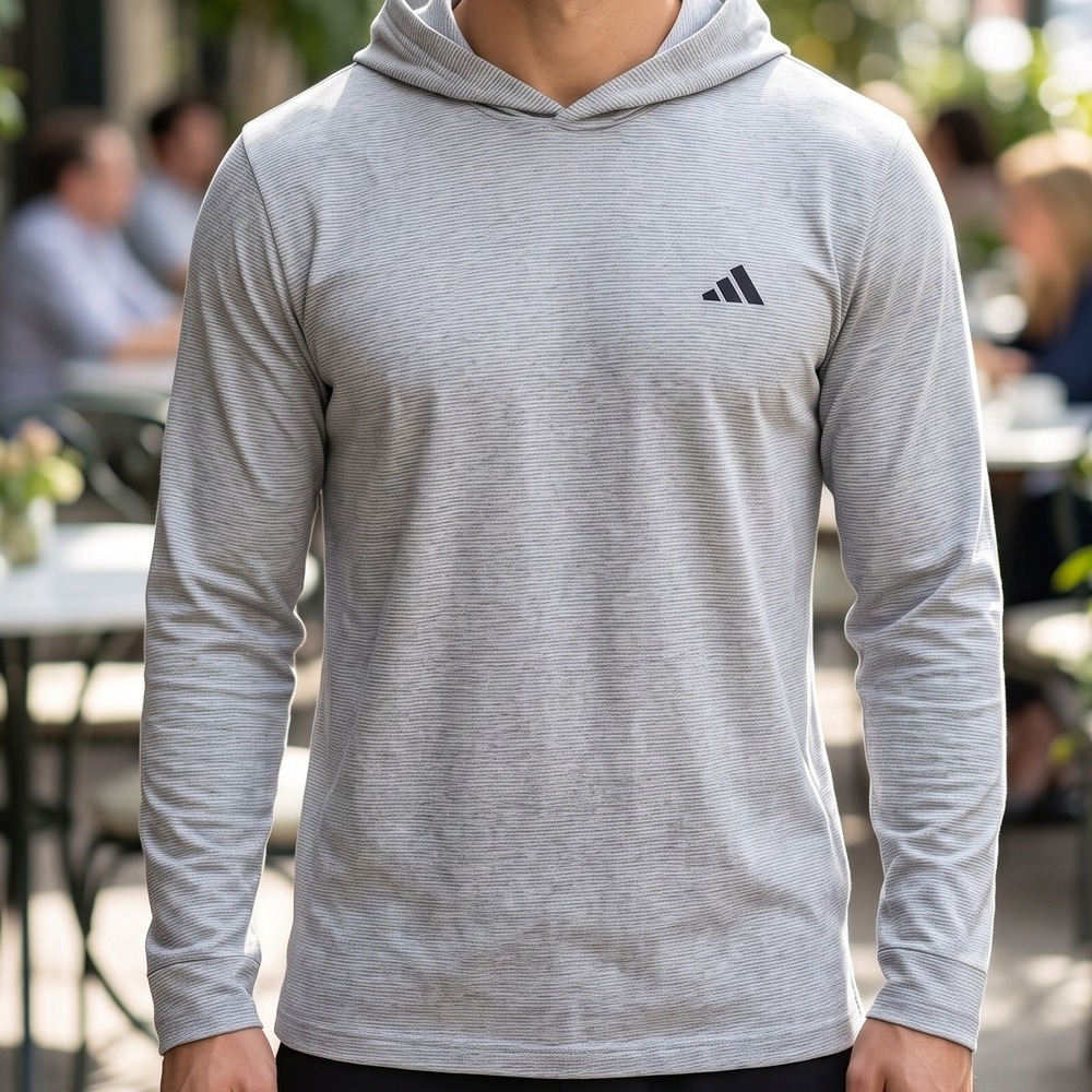 Adidas Mens Long Sleeve Hooded T-Shirt Gray Heathered Athletic Pullover Tee